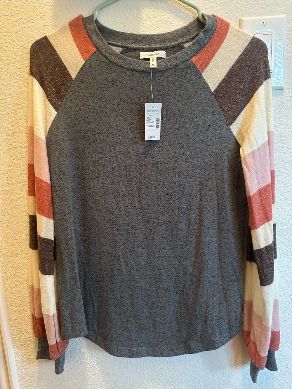 Maurices Gray Body Long Sleeve Raglan Top with Striped Sleeves